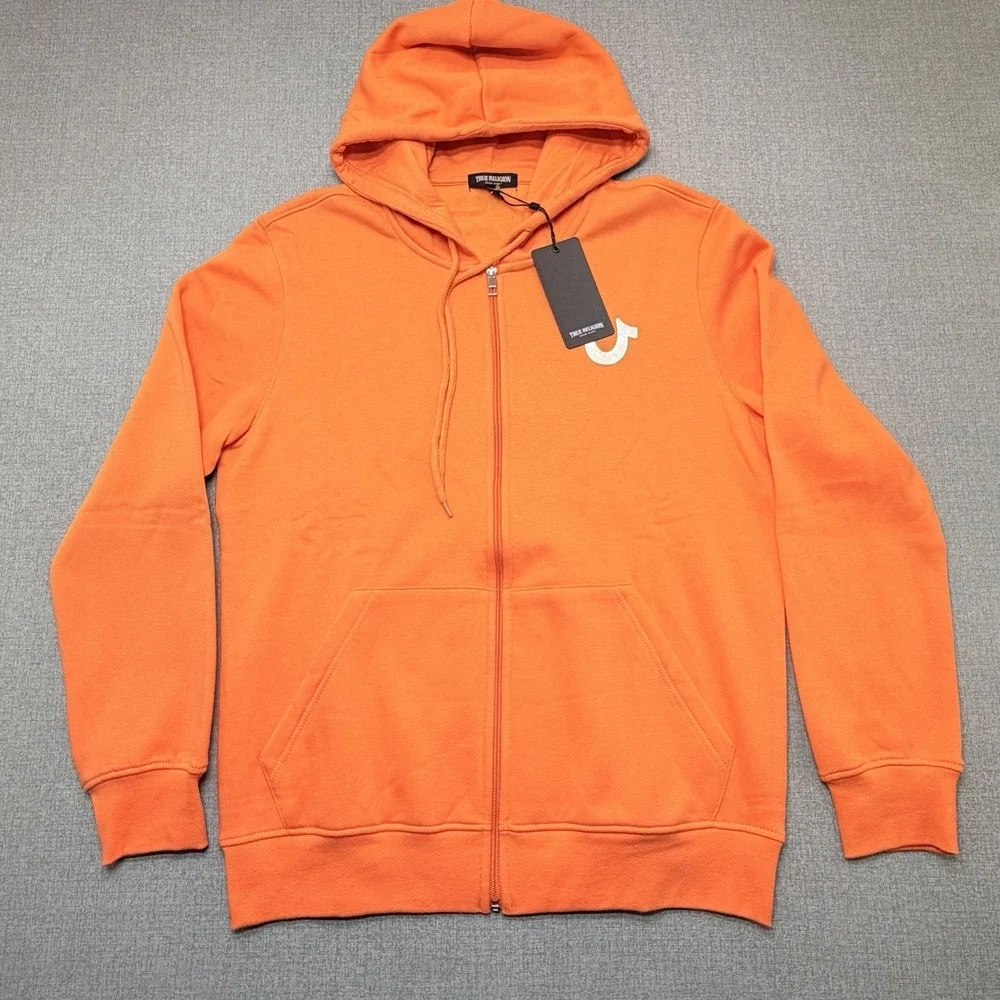 True Religion Metallic Buddha Zip Hoodie Mens M Papaya Orange Fleece NWT 700440
